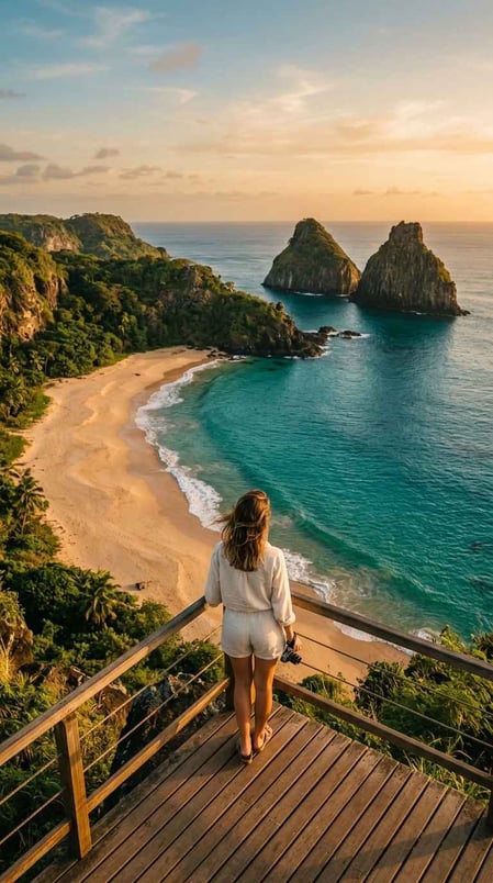 A person looking out at the stunning view of Baia do Sancho, a bucket-list destination covered in our guide on how to visit