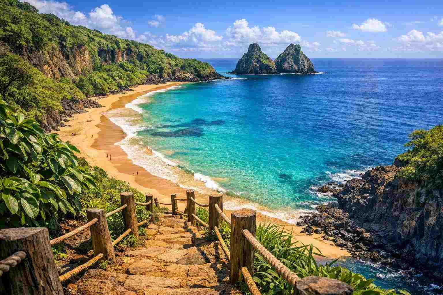A first-person view showing how to visit Baia do Sancho by descending the famous ladder through a narrow rock crevice to the beach