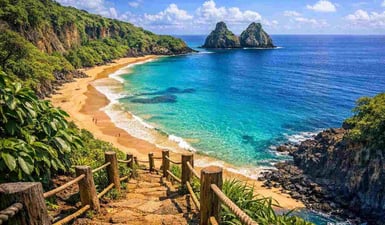 A first-person view showing how to visit Baia do Sancho by descending the famous ladder through a narrow rock crevice to the beach.