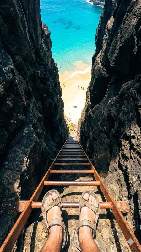 A first-person POV story image showing the ladder descent, a key part of how to visit Baia do Sancho in Brazil