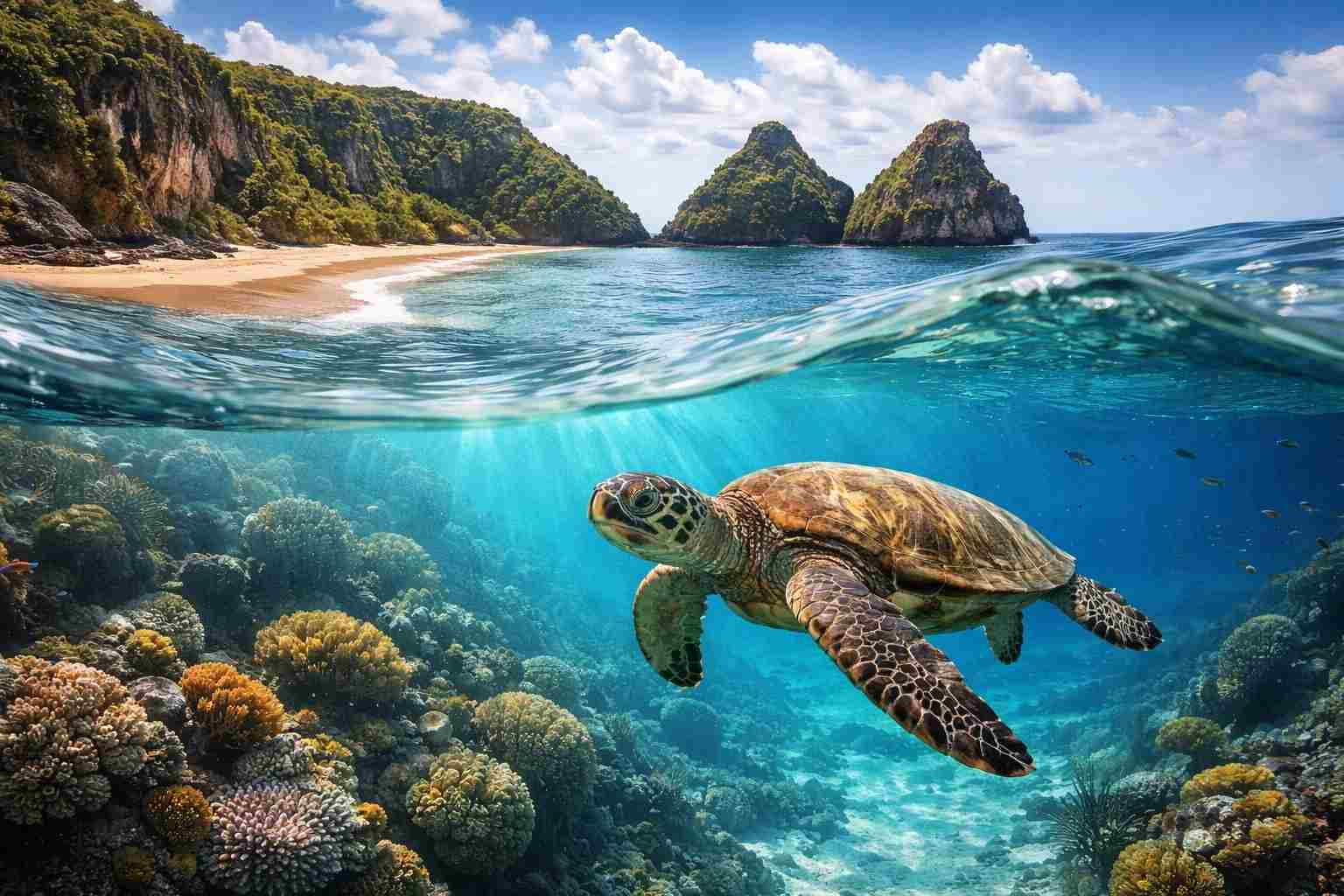 A split over-under shot showing how to visit Baia do Sancho for snorkeling, with a sea turtle swimming in clear water below the cliffs