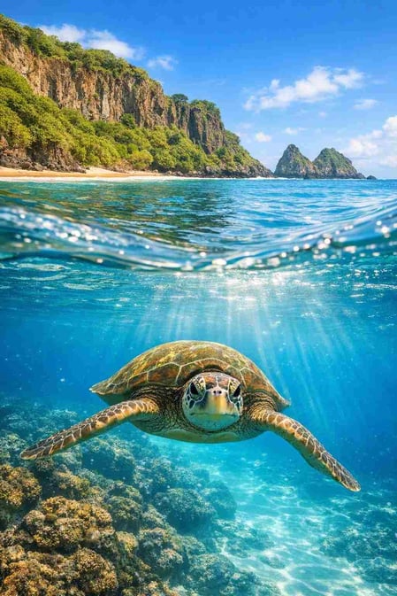 A sea turtle swims in clear water at Baia do Sancho, showing the reward of learning how to visit this protected paradise in Brazil