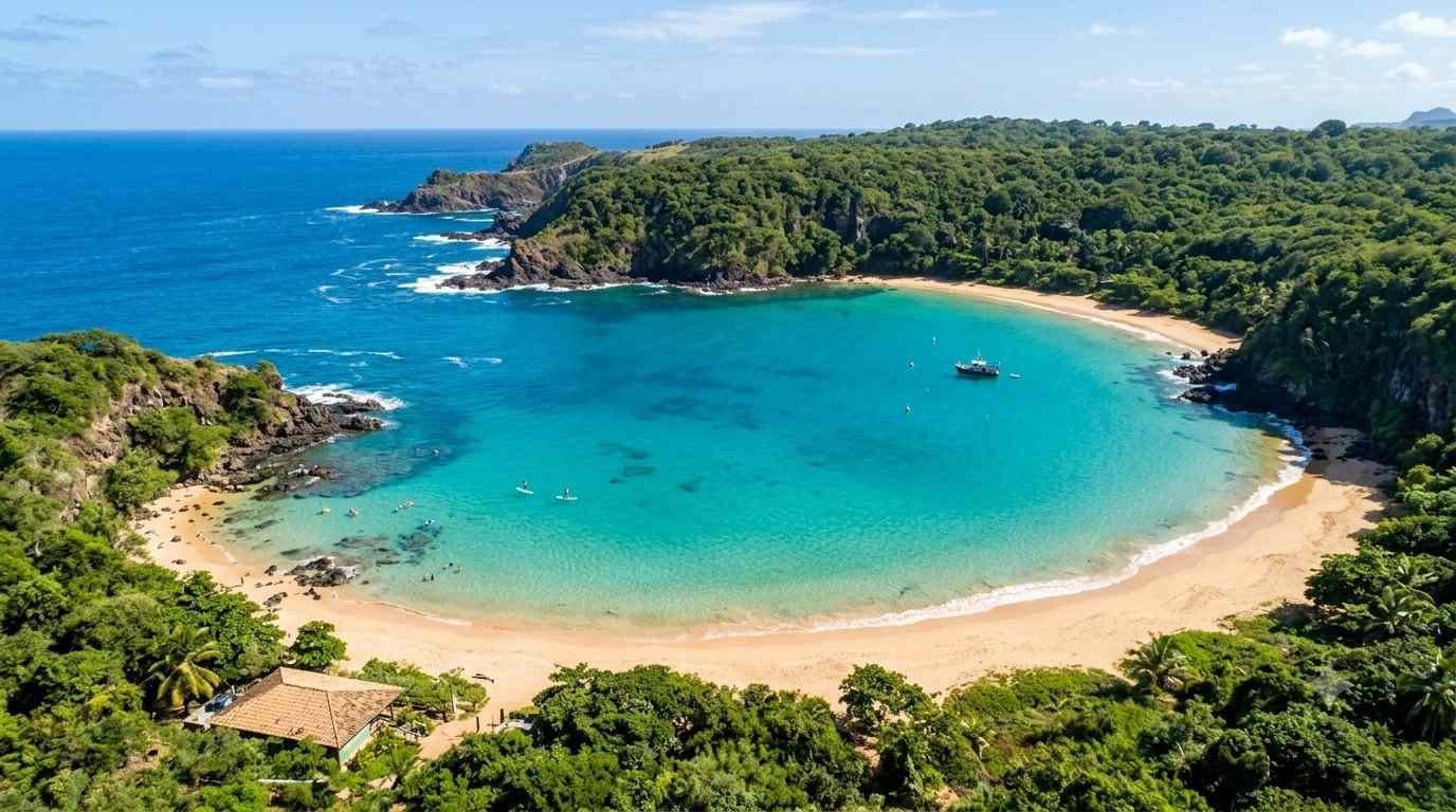 Aerial view of the beautiful horseshoe-shaped bay and turquoise waters to see when you visit Sueste Beach.