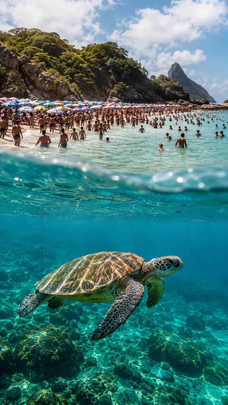 Split screen showing a crowded beach versus the serene waters when you visit Sueste Beach to snorkel with turtles.