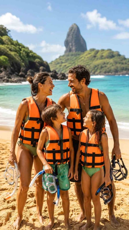 Happy family laughing on the sand with snorkeling gear ready to visit Sueste Beach and see turtles.
