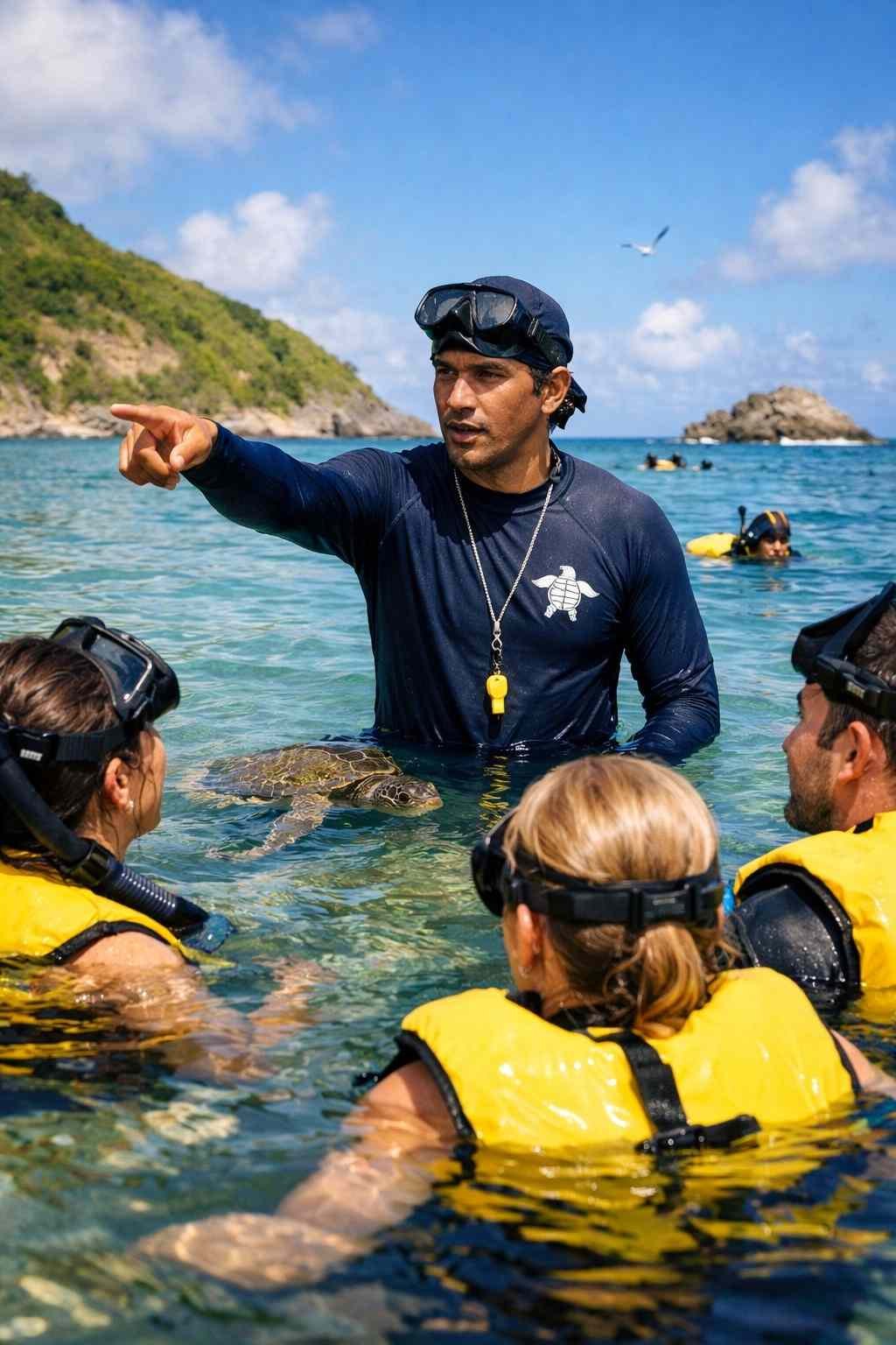 Eco-guide showing marine life to travelers wearing life vests who visit Sueste Beach in Fernando de Noronha.