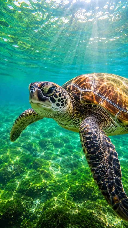 Close up of a beautiful green sea turtle swimming in clear water when you visit Sueste Beach.