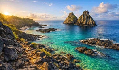 A stunning Baia dos Porcos guide photo showing the Morro Dois Irmãos view from the rocky trail at sunrise in Fernando de Noronha.