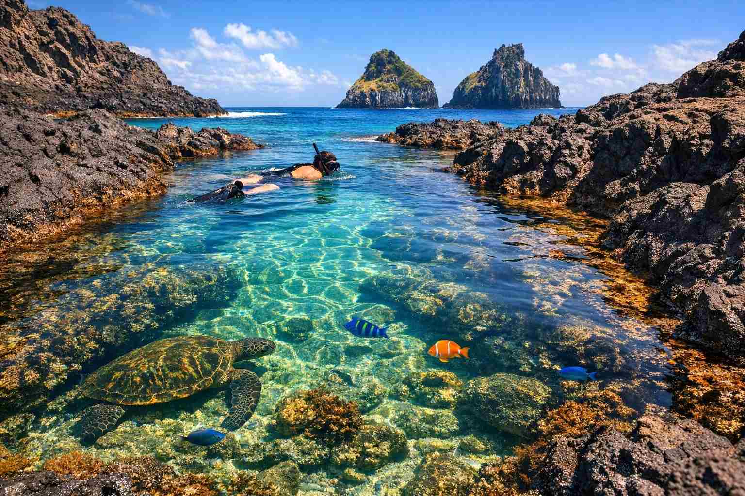 A snorkeler floats in the clear, emerald natural pools in this Baia dos Porcos guide image, showing the best snorkeling at low tide.
