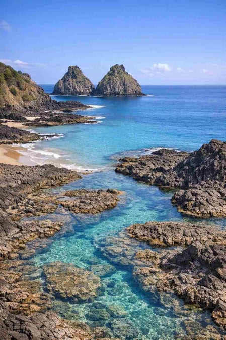 A serene panoramic view for our Baia dos Porcos guide, showing the bay's natural pools, promoting sustainable travel.