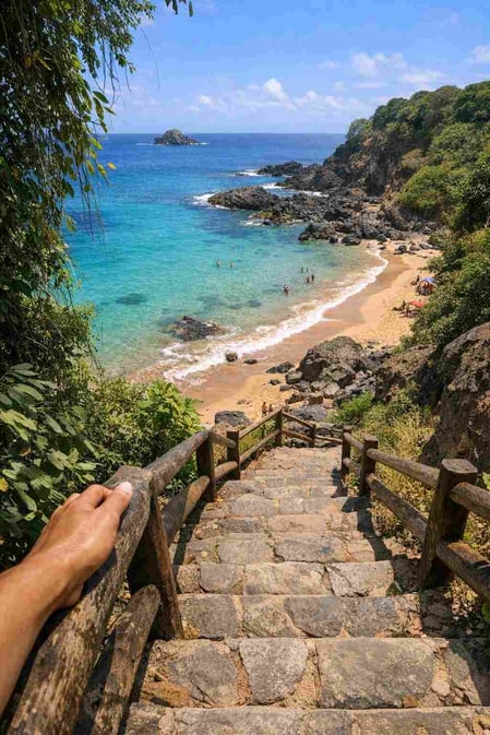 A first-person view walking down to reveal Praia do Cachorro beach, promoting our Fernando de Noronha guide.