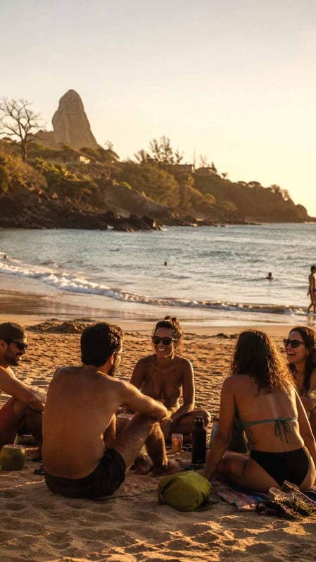 People relaxing on the sand at Praia do Cachorro during golden hour, from our authentic Fernando de Noronha guide.