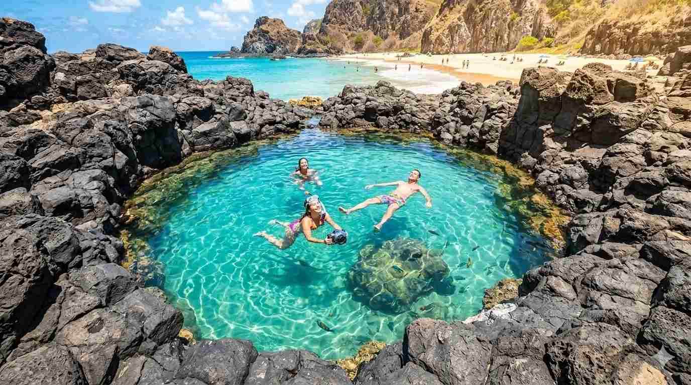 A traveler swims in the crystal-clear Cachorro Beach natural pool, a key highlight in our Praia do Cachorro guide for Fernando de Noronha.