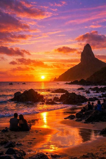 A breathtaking golden sunset over the ocean at Praia do Cachorro, a must-see experience from our Fernando de Noronha guide.