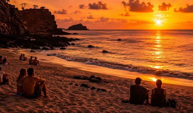 A stunning sunset over Praia do Cachorro in Fernando de Noronha, with golden light on the water and rocks, as seen in this travel guide.