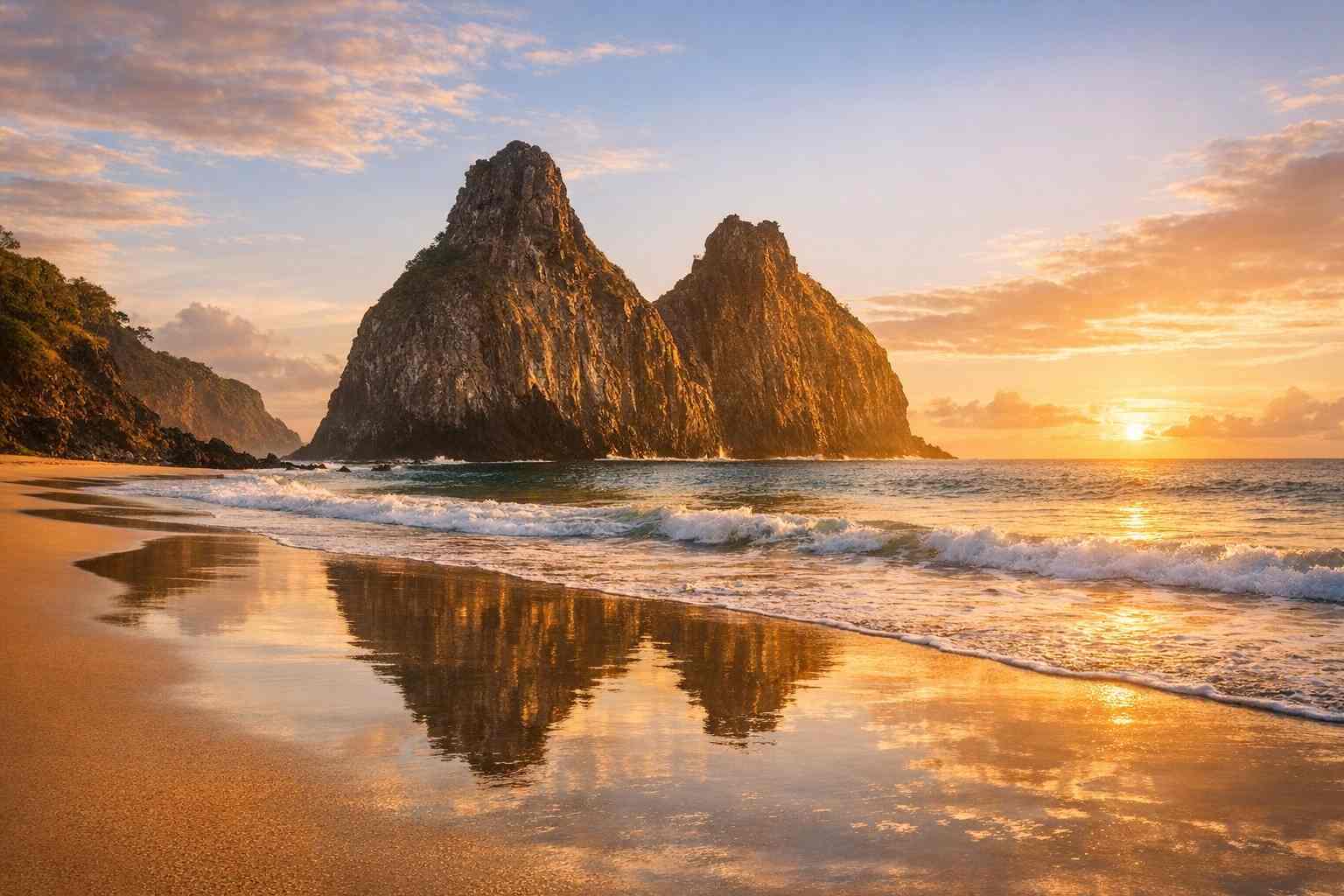 The iconic Morro Dois Irmãos rocks at Cacimba do Padre Beach during a golden sunset, with their reflection on the wet sand in Brazil.