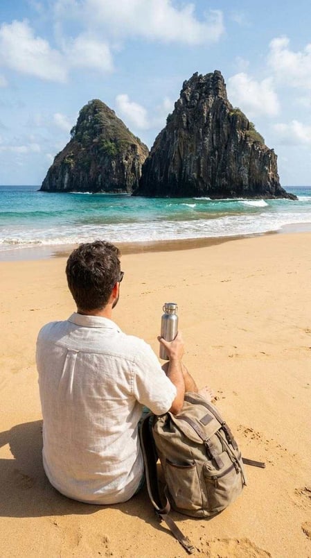 A traveler sits on the sand at Cacimba do Padre Beach, looking at the Morro Dois Irmãos in Brazil.
