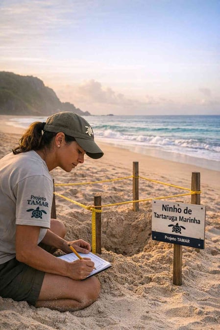 A conservationist from Projeto TAMAR at work on Praia do Leão, from our Leão Beach travel guide on ecotourism.