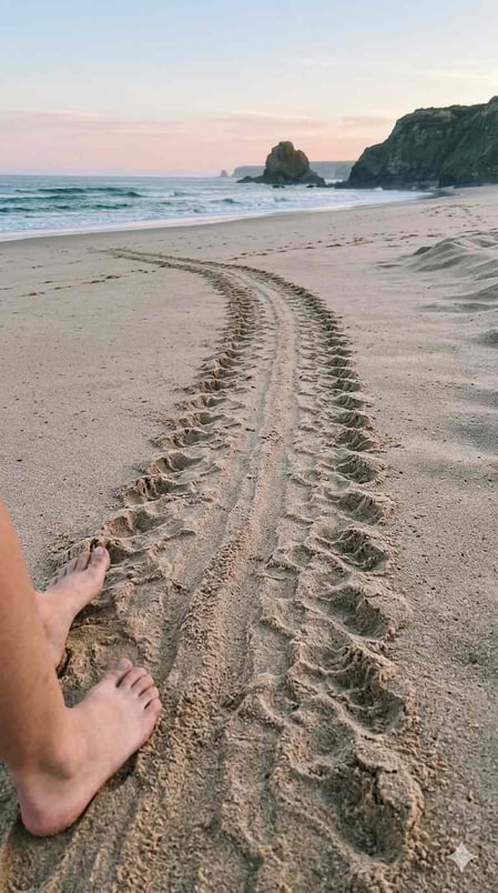 A first-person view of sea turtle tracks on the sand at Leão Beach, from our Leão Beach travel guide.