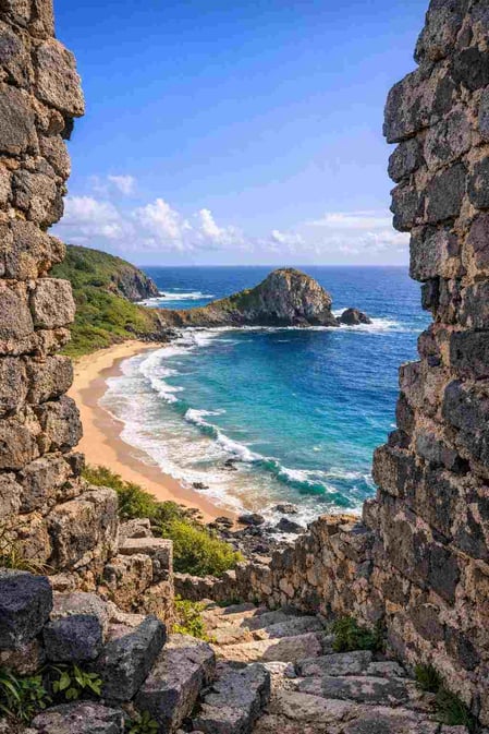 Panoramic view of the coastline framed by the historic ruined fortress, a must-see when you visit Leão Beach.