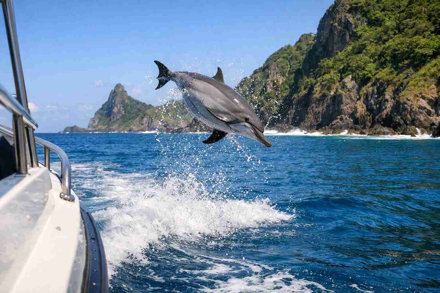 A spinner dolphin performs an acrobatic leap out of the blue ocean during a Fernando de Noronha dolphins boat trip in Brazil.