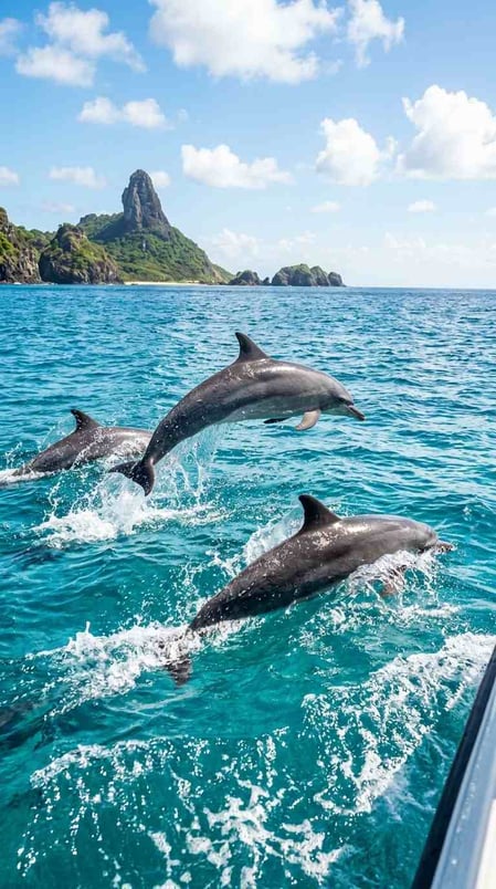 A pod of spinner dolphins swims joyfully alongside a boat in the turquoise waters of Fernando de Noronha, Brazil.