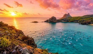 A pod of spinner dolphins leaping in the turquoise water of Dolphin Bay at sunrise, seen from the clifftop viewpoint in Fernando de Noronha.