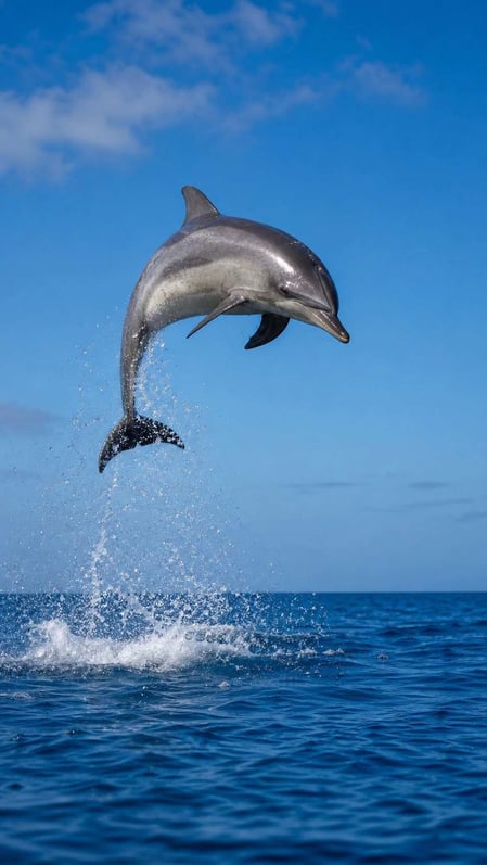 A spinner dolphin leaps and spins out of the blue ocean in Fernando de Noronha, Brazil. The #1 Rule for Seeing Noronha's Dolphins.