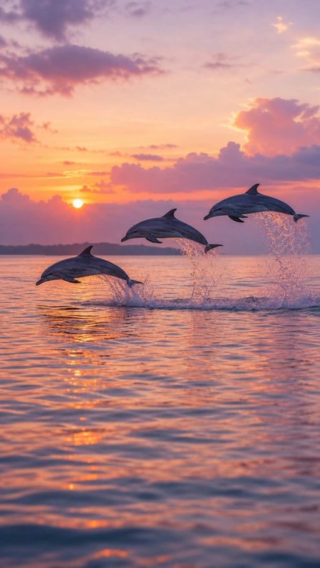 A spinner dolphin leaps gracefully from the ocean at sunrise in Fernando de Noronha. An animated text encourages users to learn more.