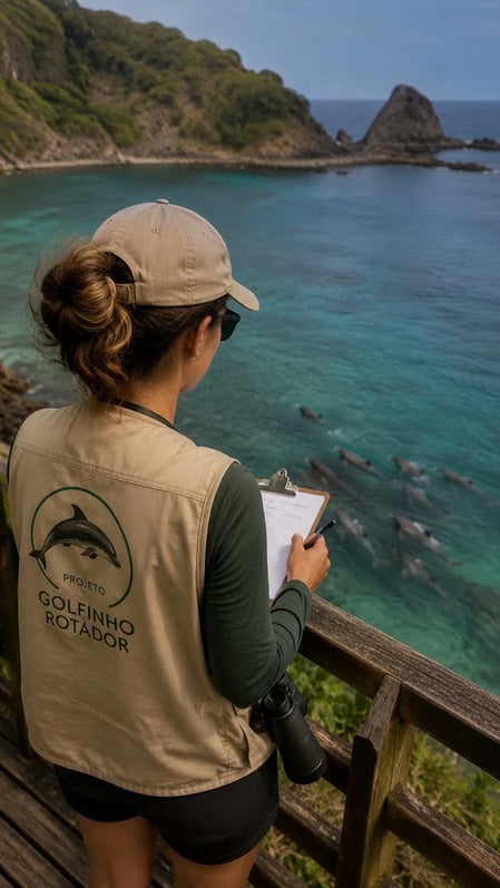 A researcher from Projeto Golfinho Rotador monitors the Fernando de Noronha dolphins, showcasing a successful sustainable tourism model.