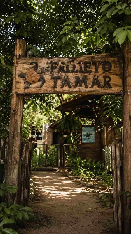 The rustic wooden entrance sign for the Projeto Tamar visitor center in Fernando de Noronha, surrounded by green leaves.