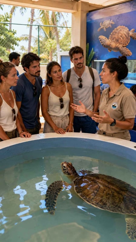 A biologist at the Tamar Project Fernando de Noronha teaches a group of visitors about sea turtle conservation around a large tank.