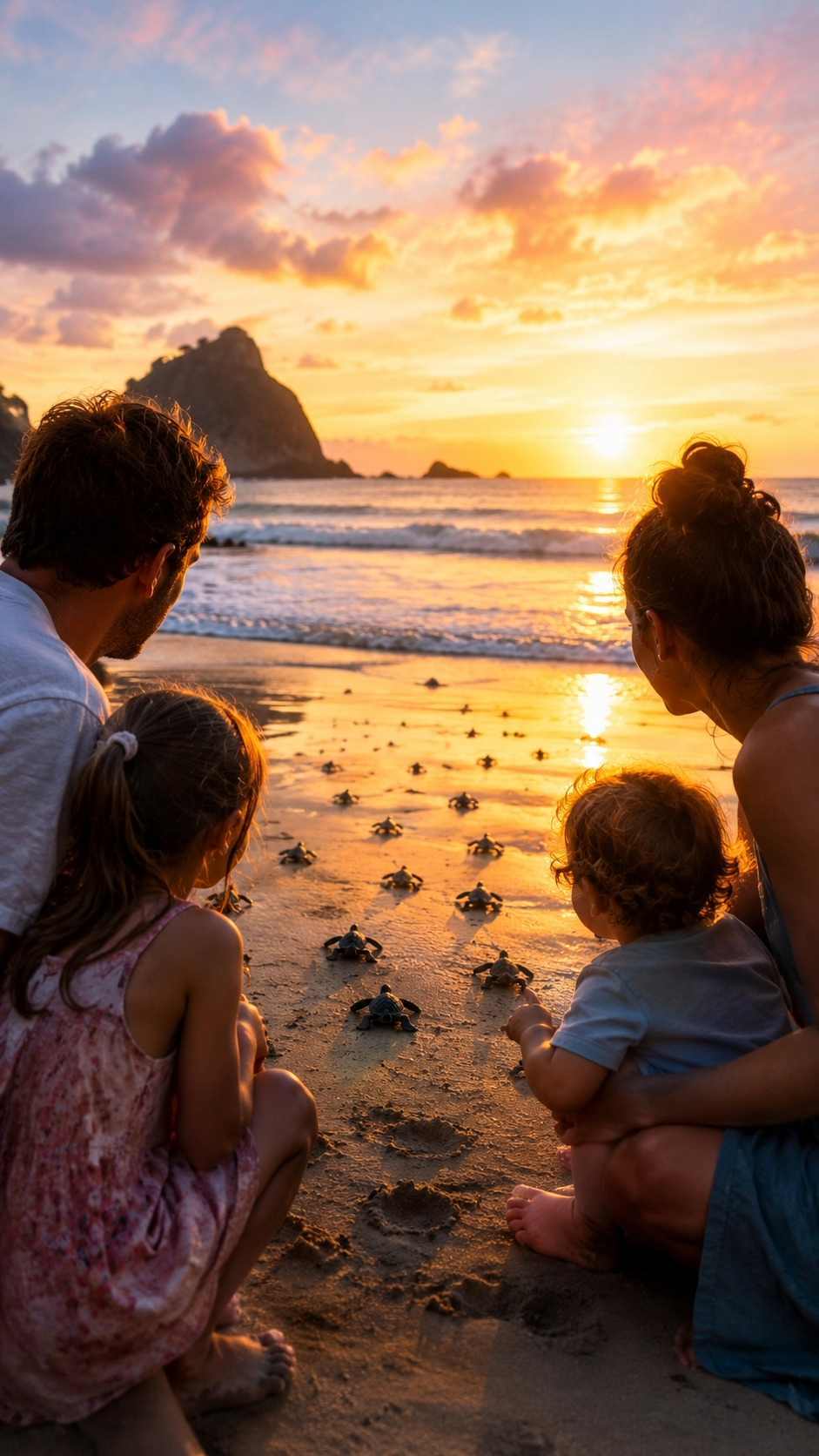 A family watches in awe as baby sea turtle hatchlings are released onto a beach at the Tamar Project Fernando de Noronha.