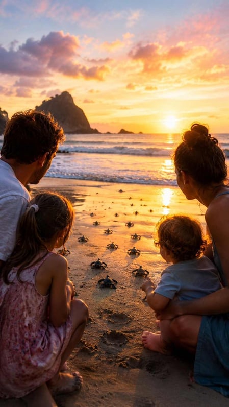 A family watches in awe as baby sea turtle hatchlings are released onto a beach at the Tamar Project Fernando de Noronha.