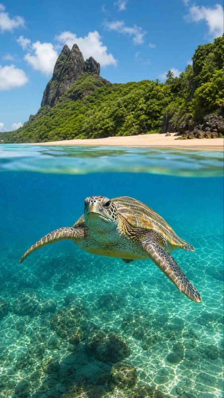 An over-under photo at the Tamar Project Fernando de Noronha showing the beach above water and a sea turtle swimming below.