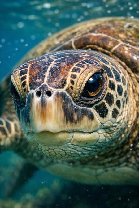 A close-up underwater photo of a Green Sea Turtle's face at the Tamar Project Fernando de Noronha, its eye looking at the camera.