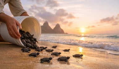 A researcher at the Tamar Project Fernando de Noronha carefully releases baby sea turtle hatchlings onto a sandy beach at sunrise.