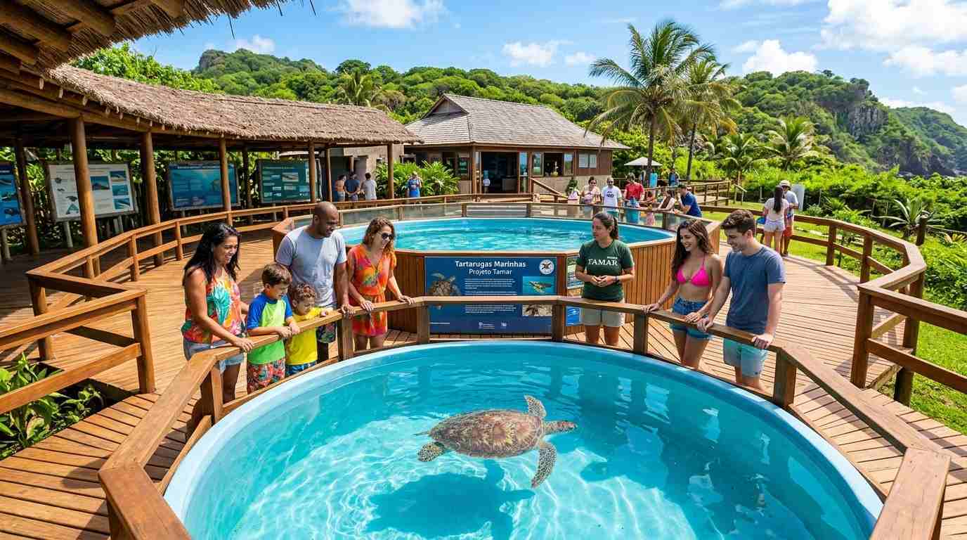 Visitors at the Tamar Project Fernando de Noronha visitor center look at a sea turtle in a large, sunlit rehabilitation tank.