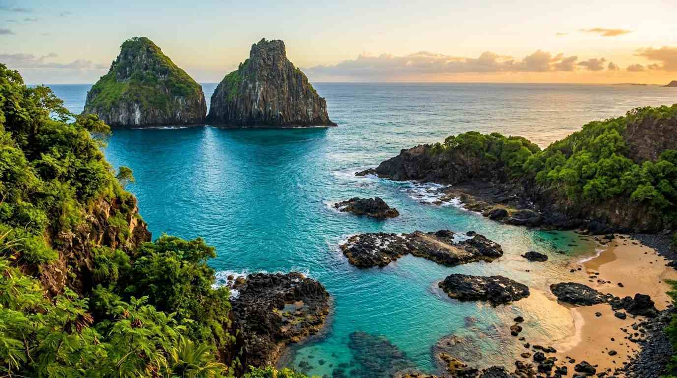 The iconic Morro Dois Irmãos at Baía dos Porcos, featured in our 2026 Fernando de Noronha multicultural travel guide.