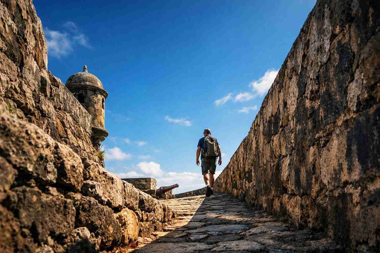 A traveler explores the historic stone walls of the 18th-century fortress, a key part of our Forte Noronha Guide to the island's history.