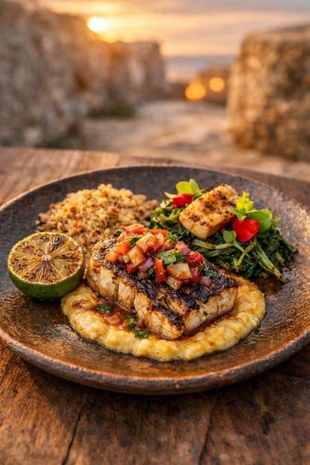 A beautifully plated dish of fire-grilled fish from Paiol restaurant, featured in our Forte Noronha Guide.