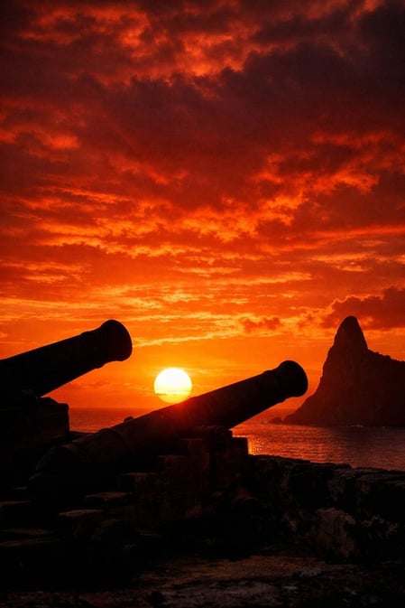 Historic cannons silhouetted against a fiery orange sunset in our Forte Noronha Guide, showcasing the best sunset spot in Brazil.