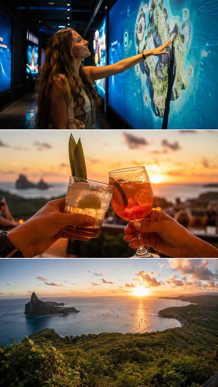 A photo montage of the museum, sunset drinks, and views from our Forte Noronha Guide.