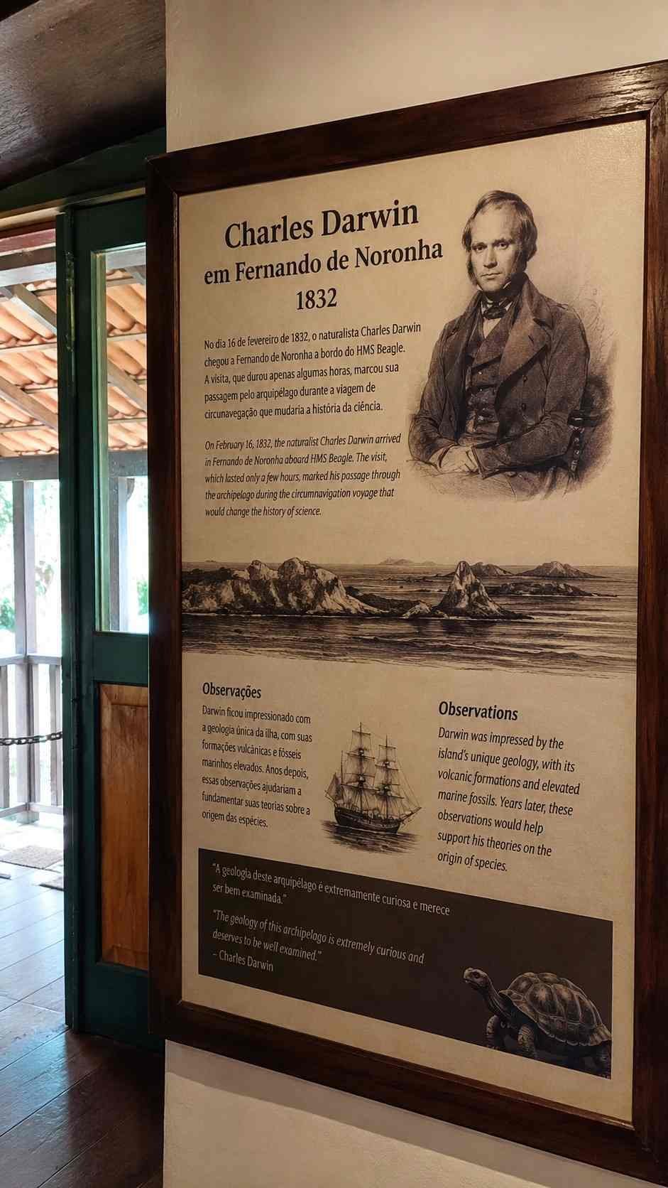 A point-of-view shot of the Charles Darwin exhibit panel inside the Museu Memorial Noronhense in Noronha.