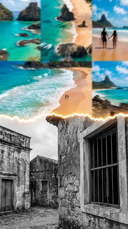 An Instagram story showing beautiful Noronha beaches before cutting to a historic photo from the Museu Memorial Noronhense.