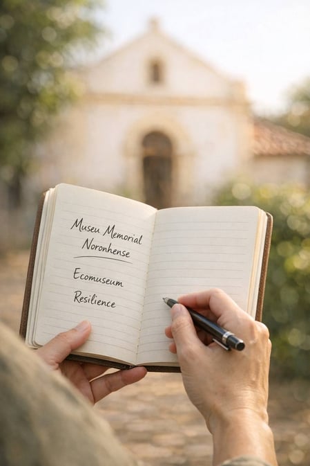 A travel journal with notes about the Museu Memorial Noronhense, with the museum building in the background.