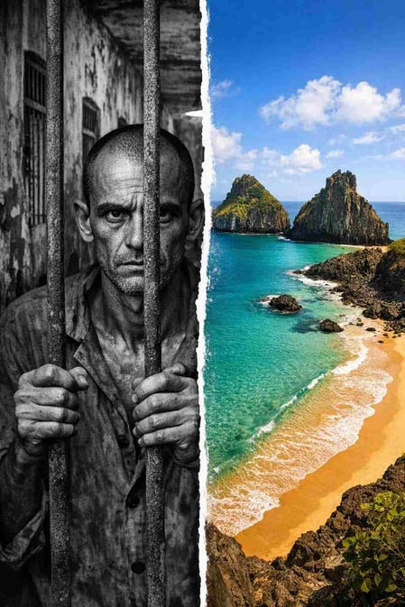 A split image showing a historic photo of a prisoner next to a sunny Noronha beach, promoting the Museu Memorial Noronhense.