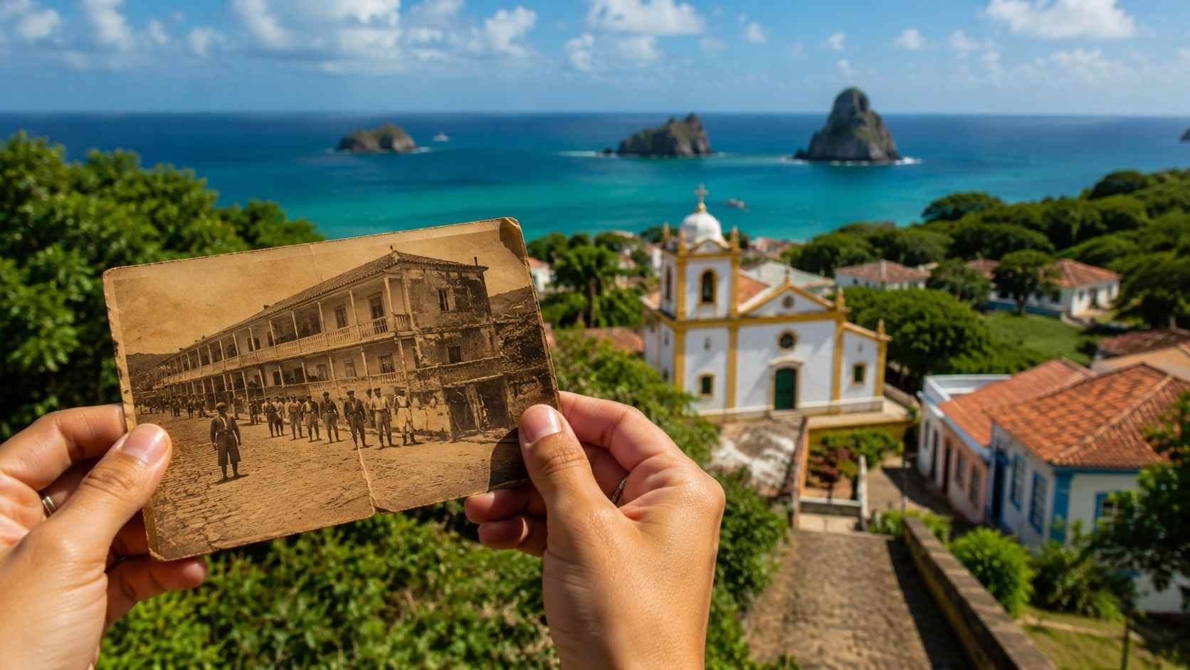 A traveler holds a historic photo of the prison era in front of the sunny Vila dos Remédios, a guide to the Museu Memorial Noronhense.