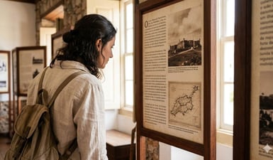 A visitor reads a historical panel about Fernando de Noronha's history inside the bright and welcoming Museu Memorial Noronhense.