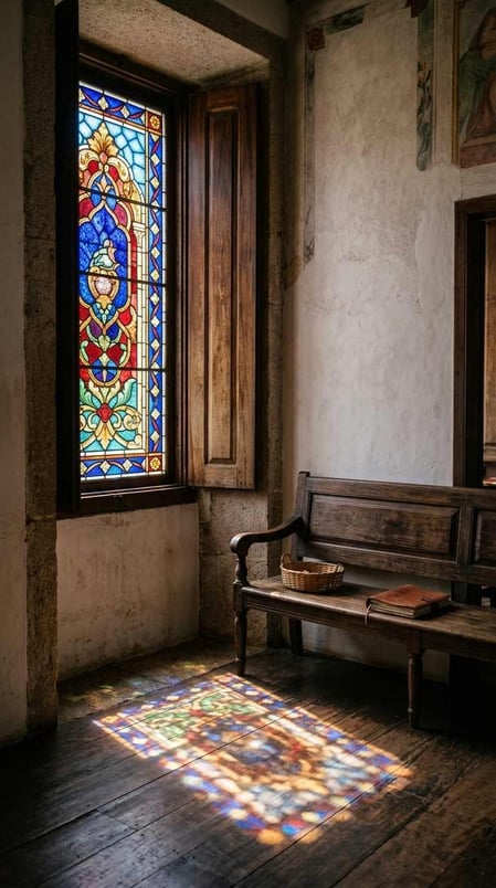 Sunlight streams through a colorful stained-glass window inside the São Miguel Palace in Fernando de Noronha, highlighting its art.